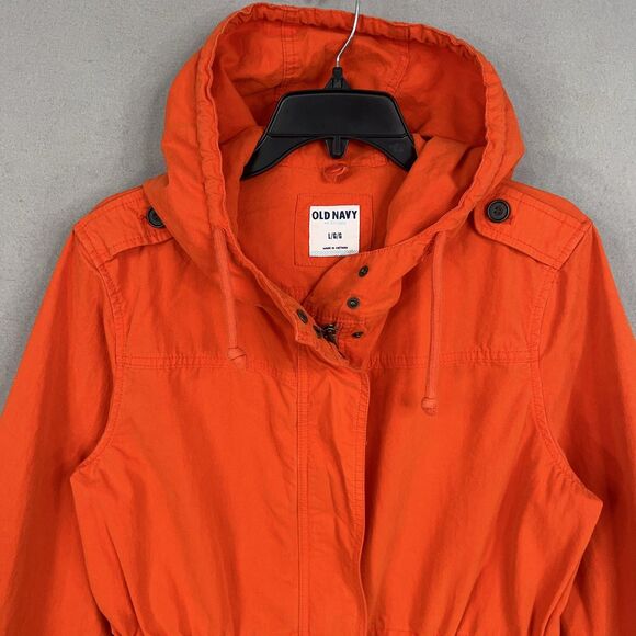 Old Navy Jacket Womens Large Orange Hooded Anorak Parka Utility Drawstring Waist - Picture 2 of 13